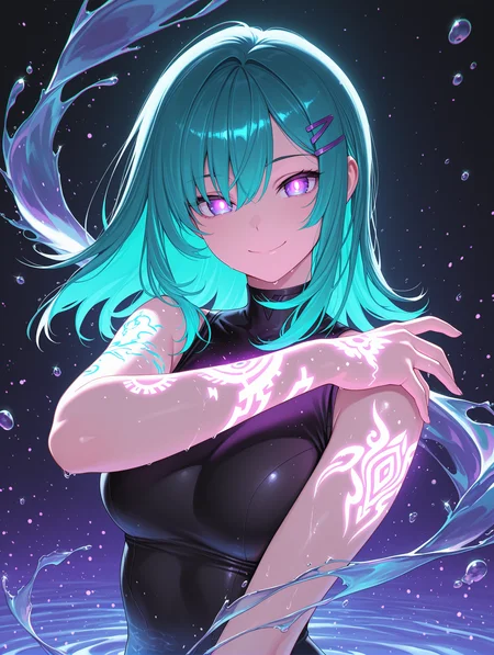 1girl, long hair, medium hair, two-tone hair, aqua hair, purple pupils, hairclip, floating water, particles, tattoos on arms, glowing tattoos, glowing pupils, smile, ,
,masterpiece,best quality,amazing quality,