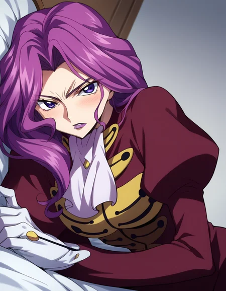 score_9, score_8_up, score_7_up, source_anime,
cornelialibritannia, <lora:cornellia-li-britannia-s1-ponyxl-lora-nochekaiser:1>
cornelia li britannia, purple eyes, purple hair,
ascot, gloves, juliet sleeves, lipstick, long sleeves, makeup, pants, puffy sleeves, purple lips, red pants, red shirt, shirt, white ascot, white gloves,
indoors, bed, bed room, on side, blush, drunk,
looking at viewer, dutch angle, cowboy shot, solo,
