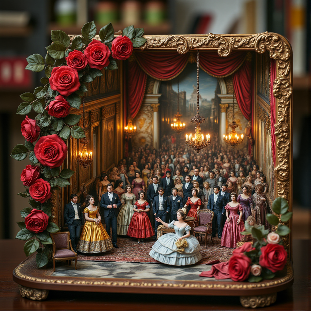 Miniature diorama of a masquerade ball next to a bouquet of roses, detailed digital illustration of a masquerade ball held in a palace, 19th century, colorful dresses, masks, well-dressed women, glamorous, lascivious and somewhat decadent atmosphere, <lora:Flux.1_Turbo_Detailer:0.7>, <lora:Diorama_Flux:0.8>