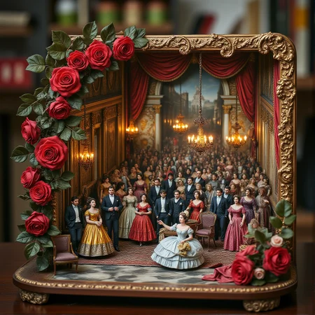 Miniature diorama of a masquerade ball next to a bouquet of roses, detailed digital illustration of a masquerade ball held in a palace, 19th century, colorful dresses, masks, well-dressed women, glamorous, lascivious and somewhat decadent atmosphere, <lora:Flux.1_Turbo_Detailer:0.7>, <lora:Diorama_Flux:0.8>