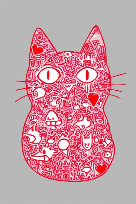a shape of a cat in red, surrounded by different shapes, doodle art style <lora:Doodle_XL_V1:1>