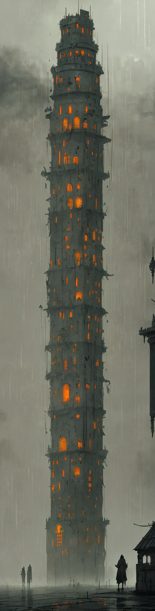 the tower of babylon, night, foggy, rain, gloomy, mysterious, artstation, jakub rozalski, high detail