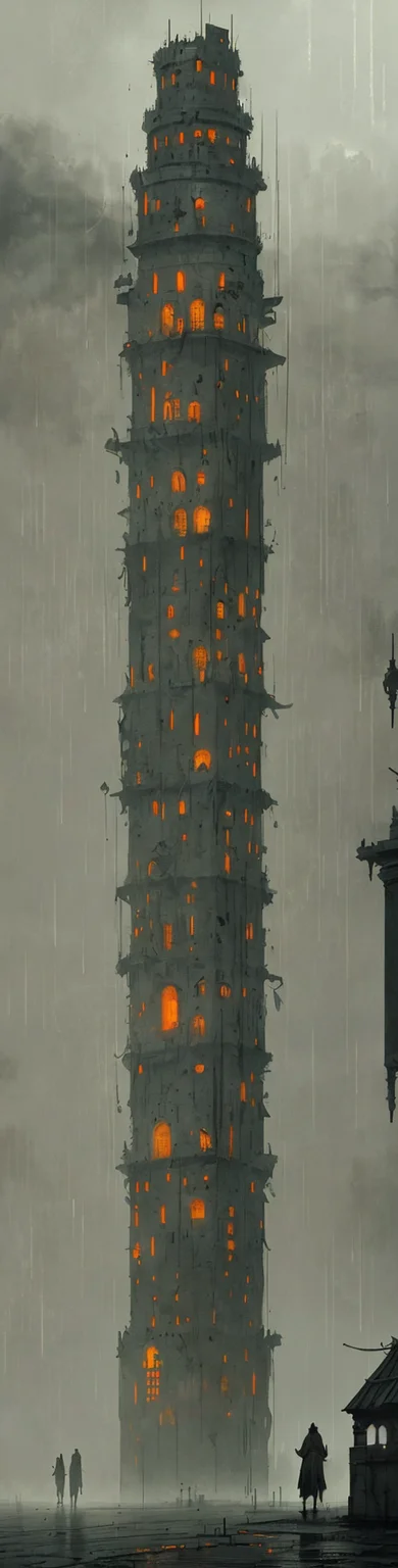 the tower of babylon, night, foggy, rain, gloomy, mysterious, artstation, jakub rozalski, high detail