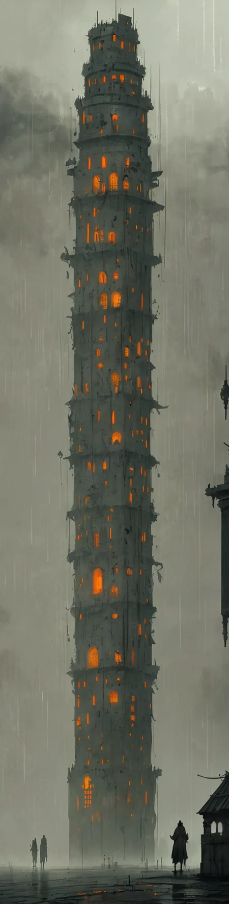 the tower of babylon, night, foggy, rain, gloomy, mysterious, artstation, jakub rozalski, high detail