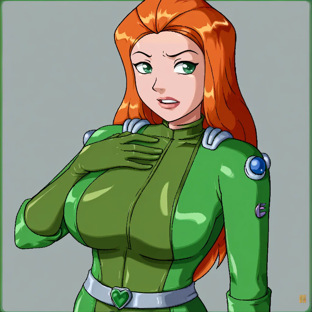 score_9, large breasts, <lora:MindsEdge_XL:1> mindsedge, e!, portrait, <lora:brj-sam-ponyXL-v0.5:1> sam \(totally spies\), orange hair, long hair, green eyes, || green bodysuit, belt