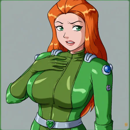 score_9, large breasts, <lora:MindsEdge_XL:1> mindsedge, e!, portrait, <lora:brj-sam-ponyXL-v0.5:1> sam \(totally spies\), orange hair, long hair, green eyes, || green bodysuit, belt