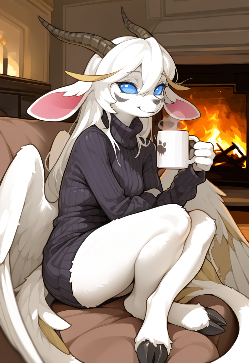 <lora:YGO_BWotDS_a1_13_NoobXL-eps:1>,<lora:EatSleep1111StyleSDXL11:0.7>,<lora:merrytailSDXLstyle:0.3>,eatsleep1111,merrytail,masterpiece,best quality,amazing quality,high quality,very aesthetic,absurdres,newest,shaded,digital media \(artwork\),depth of field,solo,ygobwotds,anthro,female,detailed background,wings,blue eyes,no sclera,no pupils,pose,crossed ankles,cloven hooves,sitting,sofa,fireplace,turtleneck sweater,sweater dress,steaming mug,closed smile,side view,