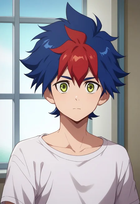 score_9, score_8_up, score_7_up, source_anime, highly detailed,
Tenryu, 1boy, male focus, green eyes, blue hair, solo, multicolored hair, red hair, two-tone hair, upper body, t-shirt, white shirt, collarbone, curious, upper body,
indoor, window,