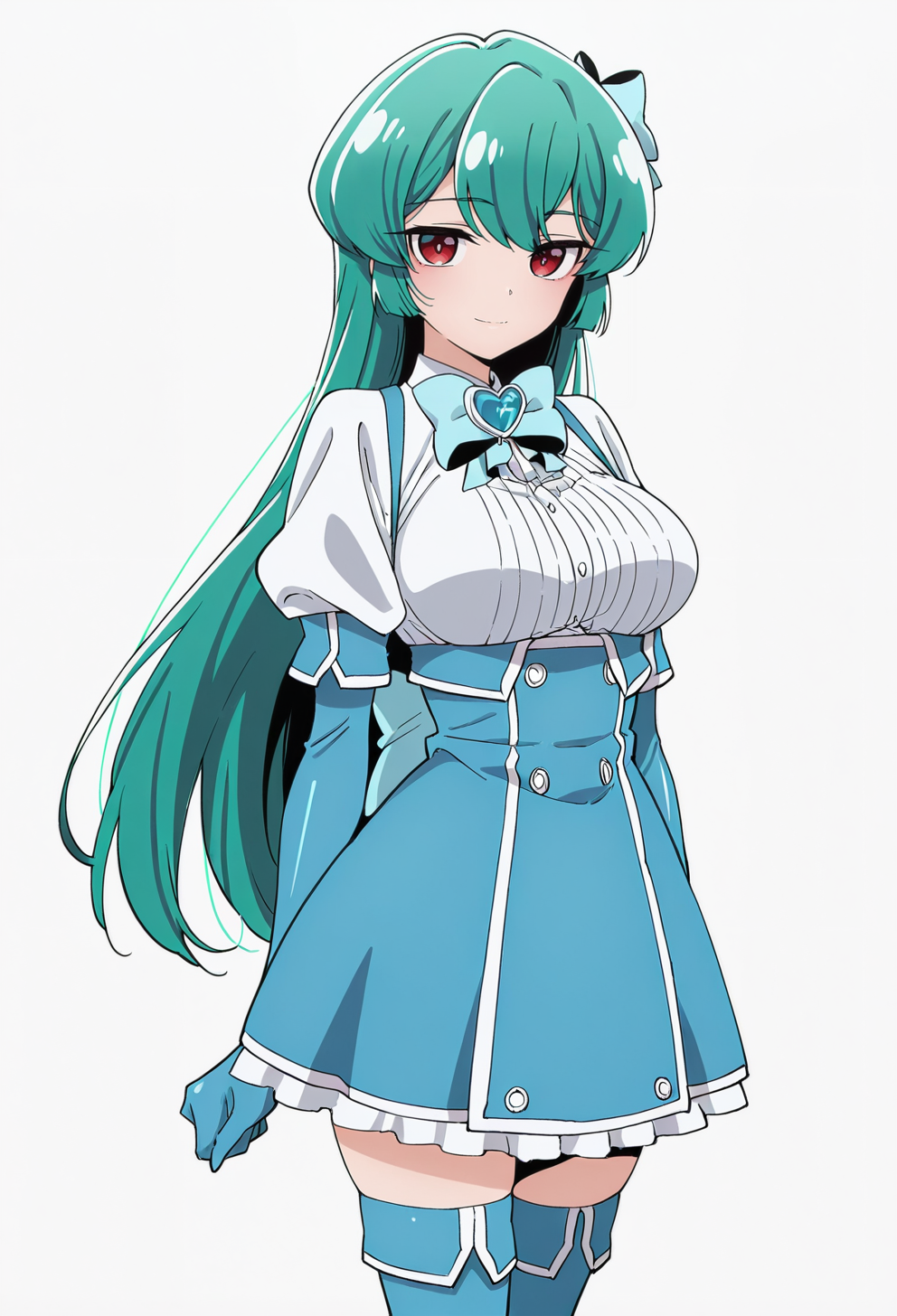 masterpiece, best quality,
1girl, solo,
standing,
looking at viewer, light smile,
simple background, white background,
 <lora:Magia_Azul:1> M4g144z0l, long hair, red eyes, green hair, 
elbow gloves, thighhighs, bow, skirt, short sleeves,
