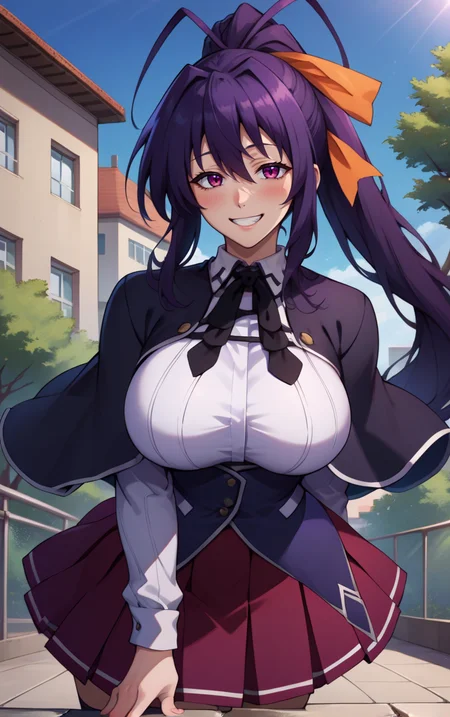 score_9, score_8_up, score_7_up, score_9, source_anime, BREAK <lora:akenohimejimadxd:1> akenohimejimaSDXL, 1girl, solo, long hair, breasts, looking at viewer, blush, smile, bangs, skirt, large breasts, shirt, black hair, long sleeves, ribbon, hair between eyes, very long hair, school uniform, purple eyes, hair ribbon, white shirt, ponytail, pleated skirt, outdoors, day, miniskirt, grin, tree, leaning forward, capelet, red skirt, arm support, antenna hair, building, purple skirt, black capelet, orange ribbon, himejima akeno
