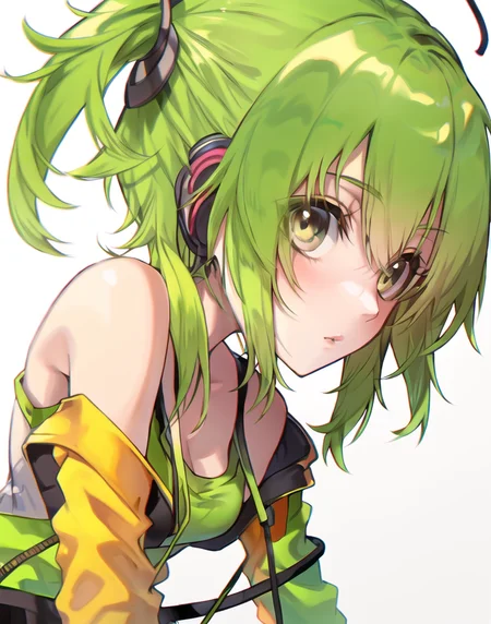 Gumi, solo, ((focus on face)), looking at viewer, white background <lora:Gumi_V1-01:0.6>, earphones,
