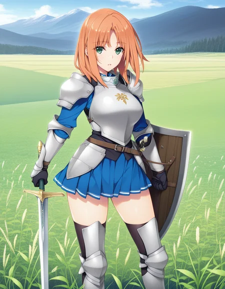 (Iizuki Tasuku), <lora:1_illu_iisuki_tasuku_10e:1>, 1girl, armor, sword and shield, skirt, freckles, orange hair, medium hair, green eyes, field, mountains, (masterpiece, best quality, amazing quality),