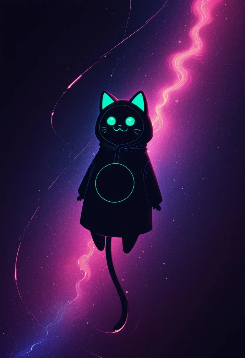 ajnblyst, A cute, neon anime cat in a sandwich costume flying through a dark, high-contrast space, leaving behind a glowing neon trail. Ethereal, cinematic atmosphere with a sense of motion and vibrant neon colors, creating a surreal and dynamic space scene.