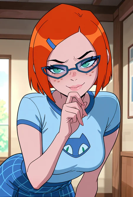 <lora:gwennerd-10:1> gwennerd, 1girl, solo, medium breasts, glasses, orange hair, short hair, hairclip, blue-framed eyewear, blue shirt, short sleeves, freckles, blue skirt, plaid skirt, green eyes, leaning forward, biting finger, smile,, masterpiece, best quality, amazing quality, very aesthetic, absurdres, newest,