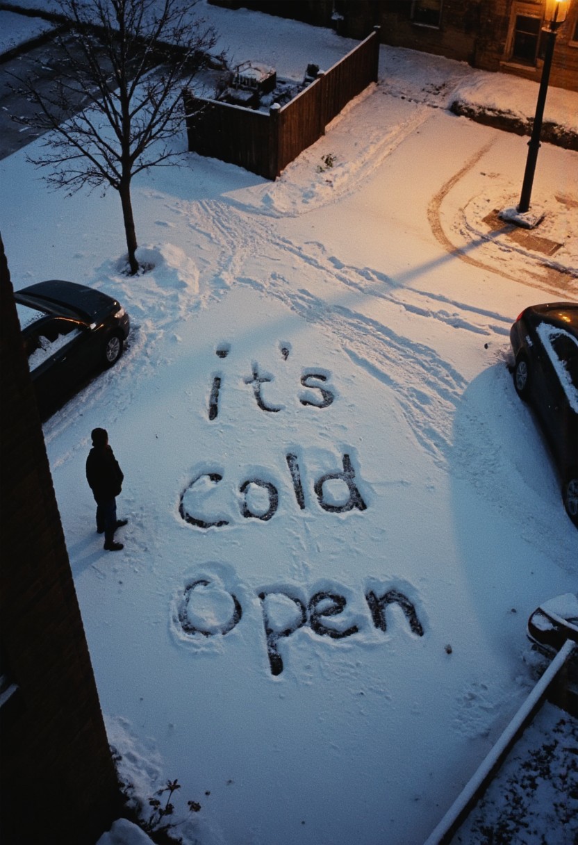 Looking down from the 10th floor of a high-rise building on a snowy winter evening, the scene reveals a parking lot blanketed in fresh snow. Warm streetlights cast a soft, golden glow over the snow-covered ground, creating long shadows and a peaceful atmosphere. In the snow below, the words 'its cold, open' are faintly visible, but 'its' has been crossed out and replaced with 'pls,' clearly written in large, boot-trodden letters. A lone figure stands near the words, their face obscured by a hood, seemingly unaware of being watched from above. The surreal humor of the message contrasts with the serene, wintry setting.