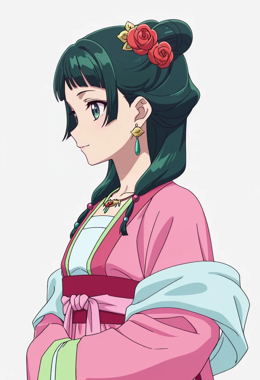 Smooth Quality,masterpiece,very intricate, high quality details, ultra realistic, high detailed skin,detailed enviorement,absurdres,
simple background, white background,solo,
from side,light smile,
<lora:Maomao_CNR:0.8> maomao_cnr,green hair, long hair, green eyes, flat chest,
maopink_cnr,twintails, hair bun, sidelocks, chinese clothes, hanfu, long sleeves, wide sleeves, shawl, sash,hair ornament, earrings, necklace,red flower, rose, hair beads,