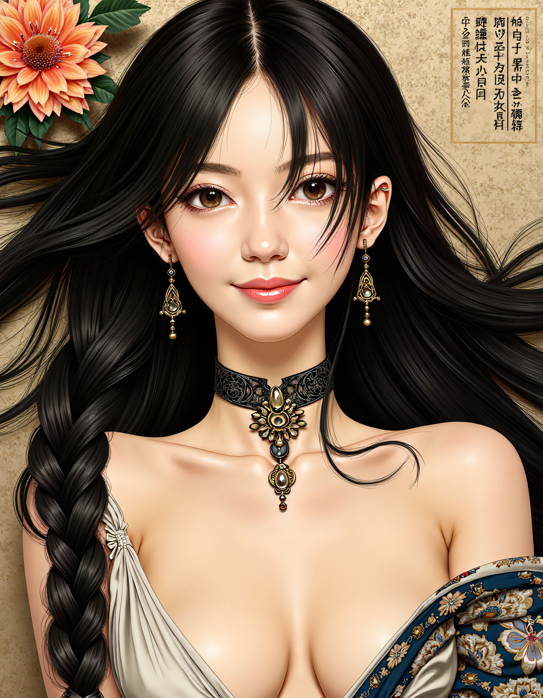 (32k, masterpiece:1.2), (high quality:1.1), UHD, 
 extremely details, intricate details, sharp focus, 
1 young gothic woman, 1 face, jewelry, necklace, collar,
((a detailed poster about a beautiful woman)), lying on back,  small breasts, natural skin, natural beauty, wide smile, long hair, black hair , braided , looking at viewer, toward viewer, posing, long hair, hair over shoulder, artdecopostsdxl, art deco style,Ukiyo-e Art,souryuu asuka langley ayanami rei, detailxl, embedding:, 1girl, perfectly flat chest, tiny perky tits