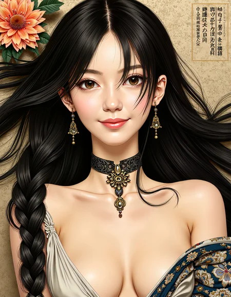 (32k, masterpiece:1.2), (high quality:1.1), UHD, 
 extremely details, intricate details, sharp focus, 
1 young gothic woman, 1 face, jewelry, necklace, collar,
((a detailed poster about a beautiful woman)), lying on back,  small breasts, natural skin, natural beauty, wide smile, long hair, black hair , braided , looking at viewer, toward viewer, posing, long hair, hair over shoulder, artdecopostsdxl, art deco style,Ukiyo-e Art,souryuu asuka langley ayanami rei, detailxl, embedding:, 1girl, perfectly flat chest, tiny perky tits