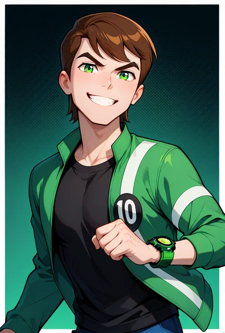 <lora:benuaf-08:1> benuaf, short hair, 1boy, brown hair, green jacket, open jacket, black shirt, long sleeves, thick eyebrows, blue pants, green eyes, green watch, dark green background, showing off green watch, angry, smile, clenched teeth, green watch, showing watch, looking at viewer, arm forward, wide chin,, masterpiece, best quality, amazing quality, very aesthetic, absurdres, newest,, upper body, halftone effect, white borders, abstract background:1.2,