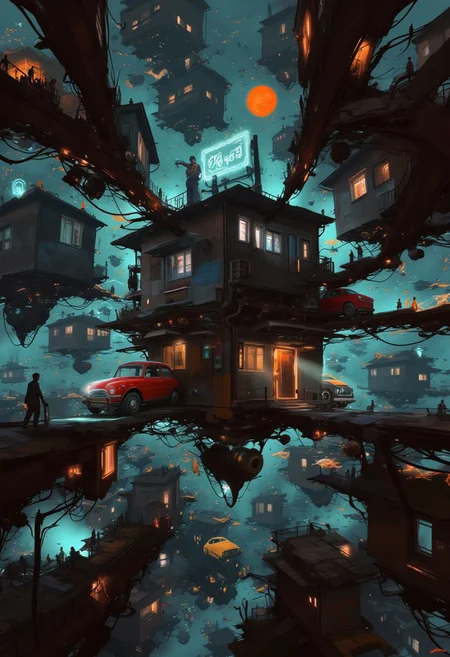 Art by Alejandro Burdisio, Floating Chaos, buildings, cars, people, nothing obeys gravity anymore. They hover, weightless, like forgotten memories. gantz-advancedsuit, osaka \(city\), doutonbori, midnight, neon sign, gantz advanced suit, orange sphere in background, highly detailed, high budget, cinemascope, moody, epic, gorgeous, film grain, grainy, Jagged rips in space-time, pulsating with the sickly glow of neon orange, electric blue, or radioactive green, synthetic mist, hiding secrets, silhouettes, and the occasional ghost of the old world. pscho_4rt, surreal, abstract, glitch effects