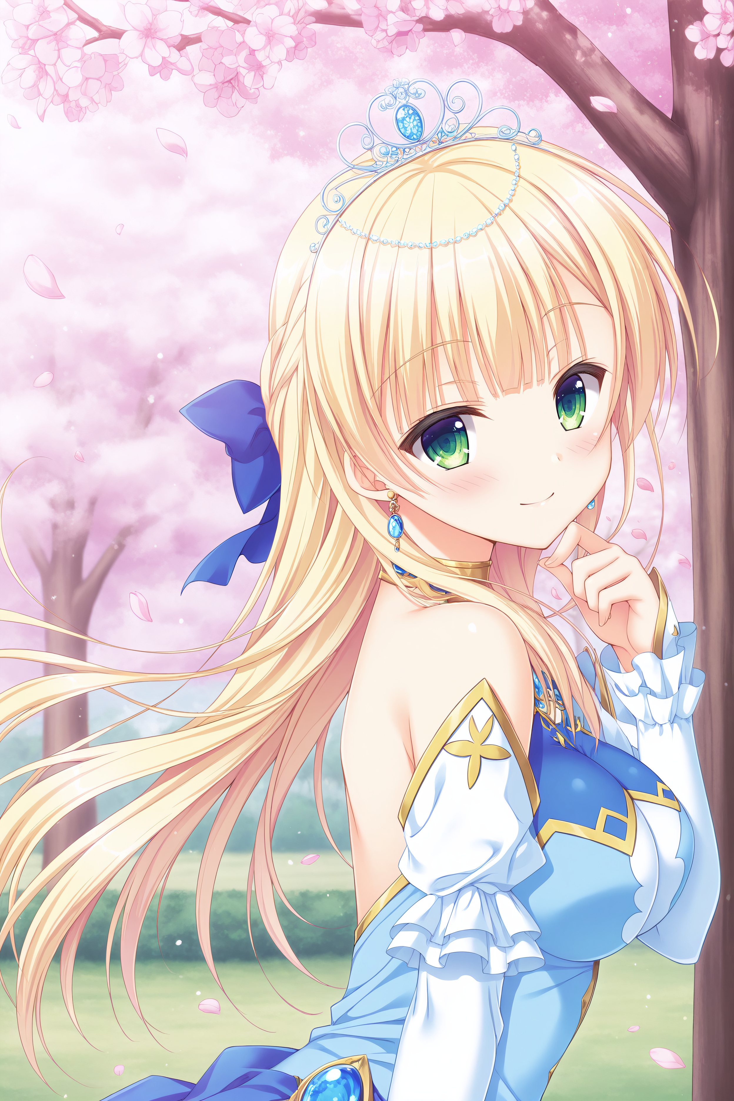 masterpiece, best quality, high quality, detailed, absurdres,newest, scenery, 1girl, solo, official style,best perspective,depth of field, very_aesthetic, best_quality ,high_resolusion, (8K:1.5),,crisp quality, ultra detailed,perfect anatomy,perfect lighting,anime screencap, perfect eyes,detailed eyes, <lora:Sylvia_Final_IL:1>,1girl,Sylvia,blonde hair,long hair,green eyes, bangs,princess sylvia,blue dress,white dress, layered dress, frilled dress, fantasy outfit,gold trim,detached sleeves, bare shoulders, tiara, gemstone jewelry, necklace, earrings, ornate, hair ribbon, single_hair_ribbon, large_hair_ribbon, blue_hair_ribbon, back_tied_hair_ribbon, white pantyhose,
(watercolor:0.4),(pastelcolor:0.4),1girl, solo, long hair, looking at viewer, flower, cherry blossoms, upper body, outdoors, floating hair, petals, smile, looking back, tree, blurry, blurry background, day, closed mouth, from side, pink flower, hand up, (from side:1.2),(upper body:1.5),under tree,standing,