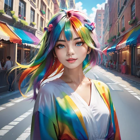 <lora:Pony iridescent-000003:1>,iridescent,multicolored,rainbow,realistic,highly detailed,high budget,masterpiece,best quality,perfect anatomy,very aesthetic,
score_9,score_8_up,score_7_up,outdoors,street,city,
1girl,solo,
<lora:SDXL beautiful_girl_ver2 CF majicmix_style:0.5>,majicmix_style,