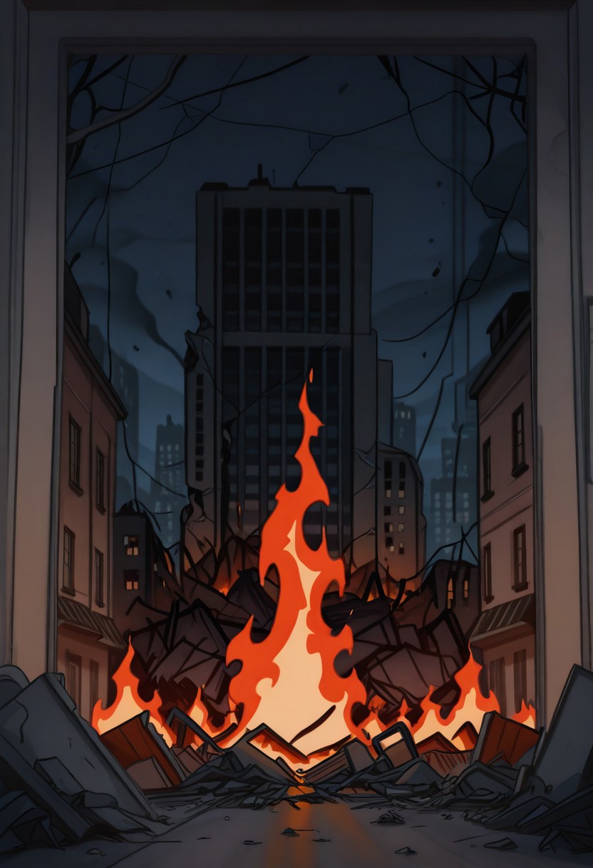 masterpiece, best quality,
 <lora:Inusen:1>
1n0s3n, nobody on screen, city destroyed background, drawned in inusen style, night, lots of buildings destroyed, lots of flames, dutch angle of an exterior corridor from a apartment building