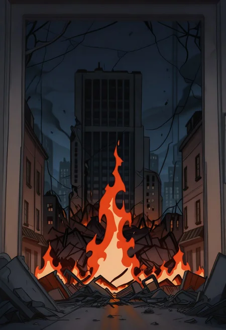 masterpiece, best quality,
<lora:Inusen:1>
1n0s3n, nobody on screen, city destroyed background, drawned in inusen style, night, lots of buildings destroyed, lots of flames, dutch angle of an exterior corridor from a apartment building
