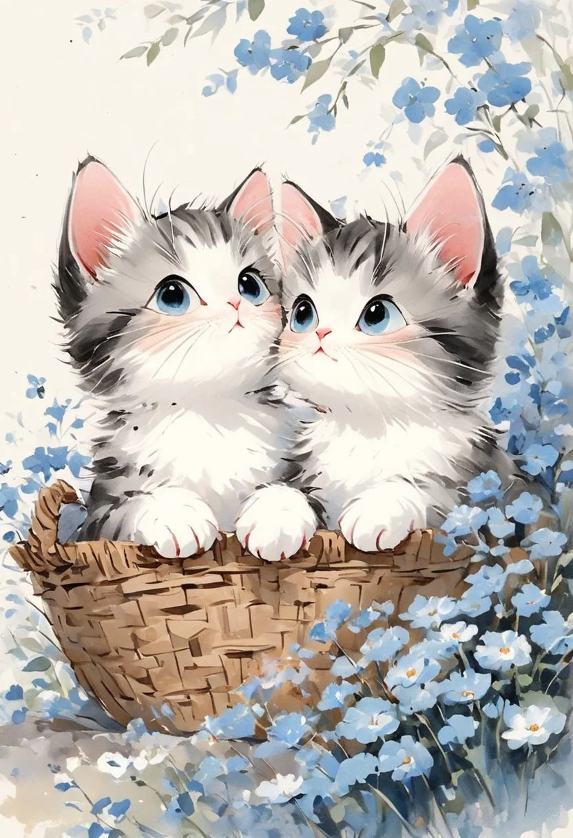 In a serene and whimsical scene, two kittens with striking blue eyes are nestled within a woven basket. The kitten on the left gazes directly at us, its curiosity piqued by our presence. Its companion, on the other hand, looks to the right, perhaps intrigued by something beyond our view. They sit comfortably on a soft blanket of blue and white flowers that spill over the basket's edge, adding a touch of nature's charm to their cozy abode.