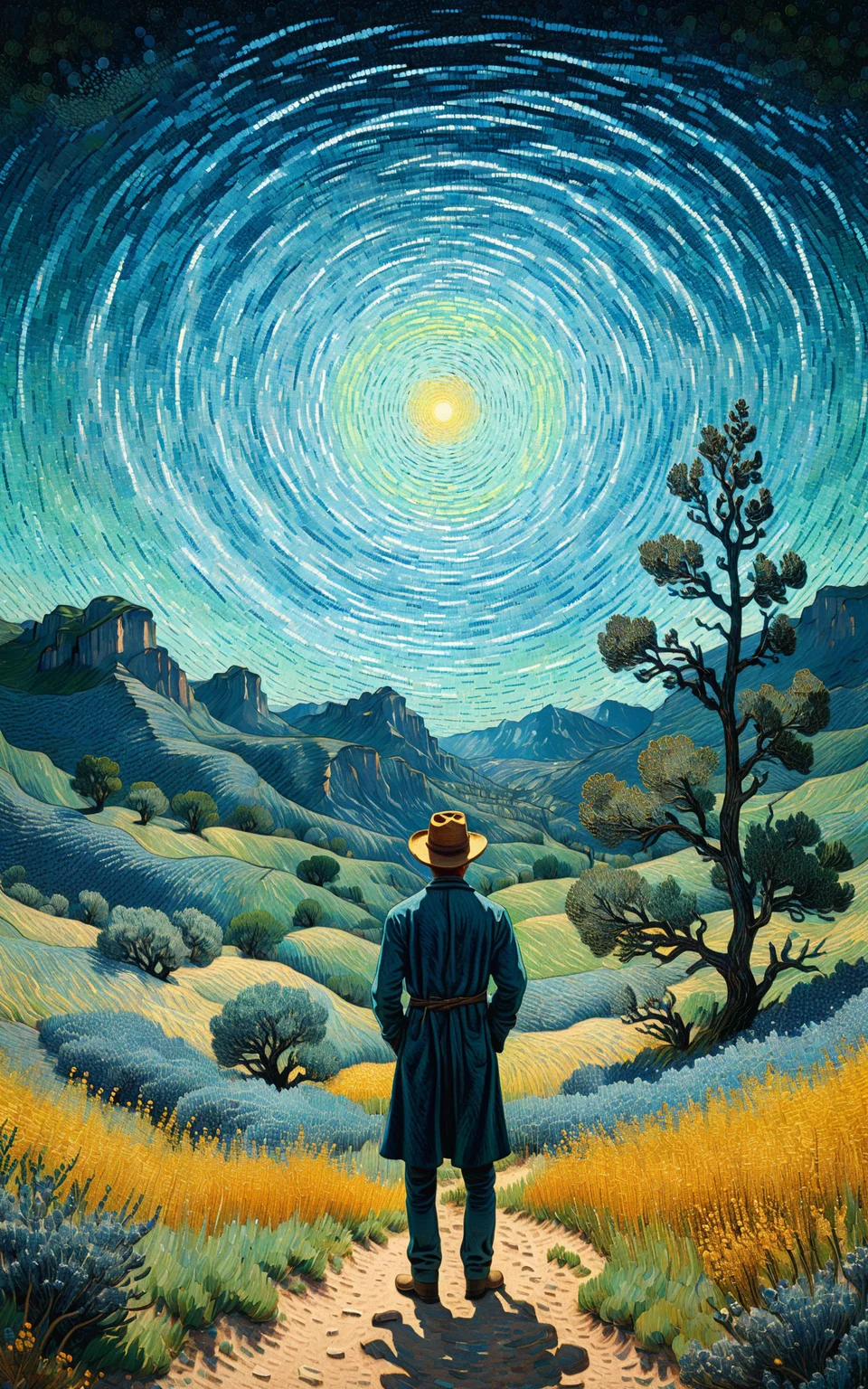 A man stands in the wilderness, blue dot light spinning, Vincent van Gogh's painting style, pointillism style, magnificent landscapes, illustrations, negative space, intagliography, art, minimalism<lora:xl_more_art-full_v1:0.5>
