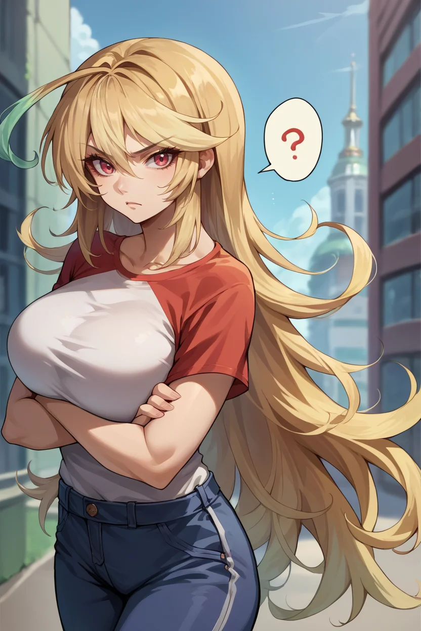 score_9, score_8_up, score_7_up, score_6_up, source_anime, solo, <lora:toxmilla-pdxl-nvwls-v1-000005:1> tox1milla, blonde hair, multicolored hair, ahoge, big breasts, red t-shirt, blue pants, crossed arms, looking at you, spoken question mark, city