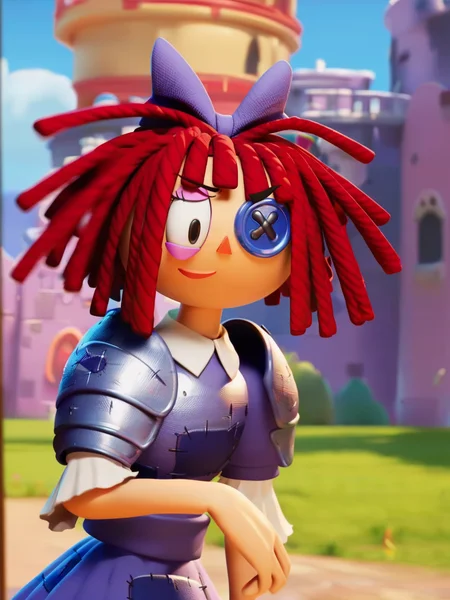 solo focus, <lora:doll-000010:0.7> d_ll, 1girl,rag-doll, red yarn-like hair, flat orange triangular nose, blue button eye and black pupil in actual eye, purple bow in hair, ((golden knight armor)), castle background, score_9, score_8_up, score_7_up,