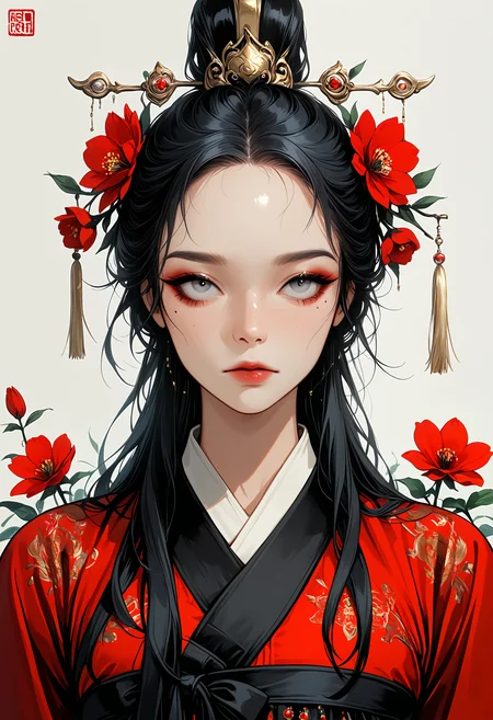 masterpiece, best quality, good quality, very awa, very aesthetic, absurdres, newest, 1girl, solo, long_hair, looking_at_viewer, simple_background, black_hair, hair_ornament, closed_mouth, upper_body, flower, hair_flower, grey_eyes, eyelashes, lips, mole_under_eye, makeup, expressionless, chinese_clothes, facial_mark, red_flower, forehead, freckles, nose, realistic, straight-on, sanpaku, mascara, korean_clothes, hanbok, ink drawing, opill, gr4ph1t3,