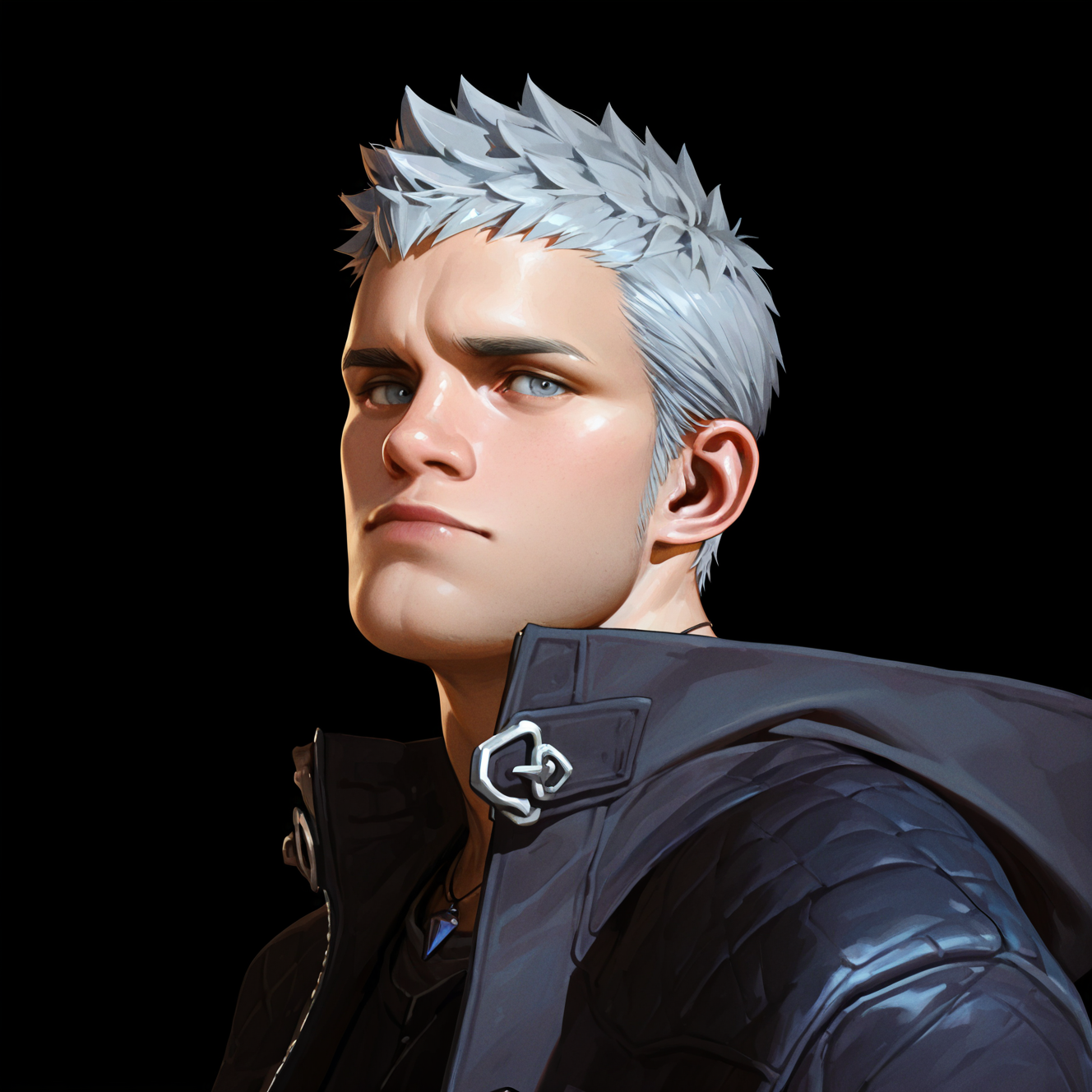 <lora:NERO-07:1.5>
nero, solo, looking at viewer, short hair, blue eyes, simple background, shirt, 1boy, closed mouth, jewelry, jacket, upper body, grey hair, male focus, necklace, grey eyes, coat, black jacket, black shirt, mature male, muscular, muscular male, lips, thick eyebrows, black background, portrait, high collar, realistic, dark background, popped collar
, motion blur, film grain, abstract, natural lighting, fantasy, cinematic, dynamic view, very awa, masterpiece, best quality, absurdres, newest, perfect quality, detailed background, intricate details, (artist:fl \(l-fl\):0.7), (artist:tooboshoo:0.7), (artist:dizdoodz:0.8)