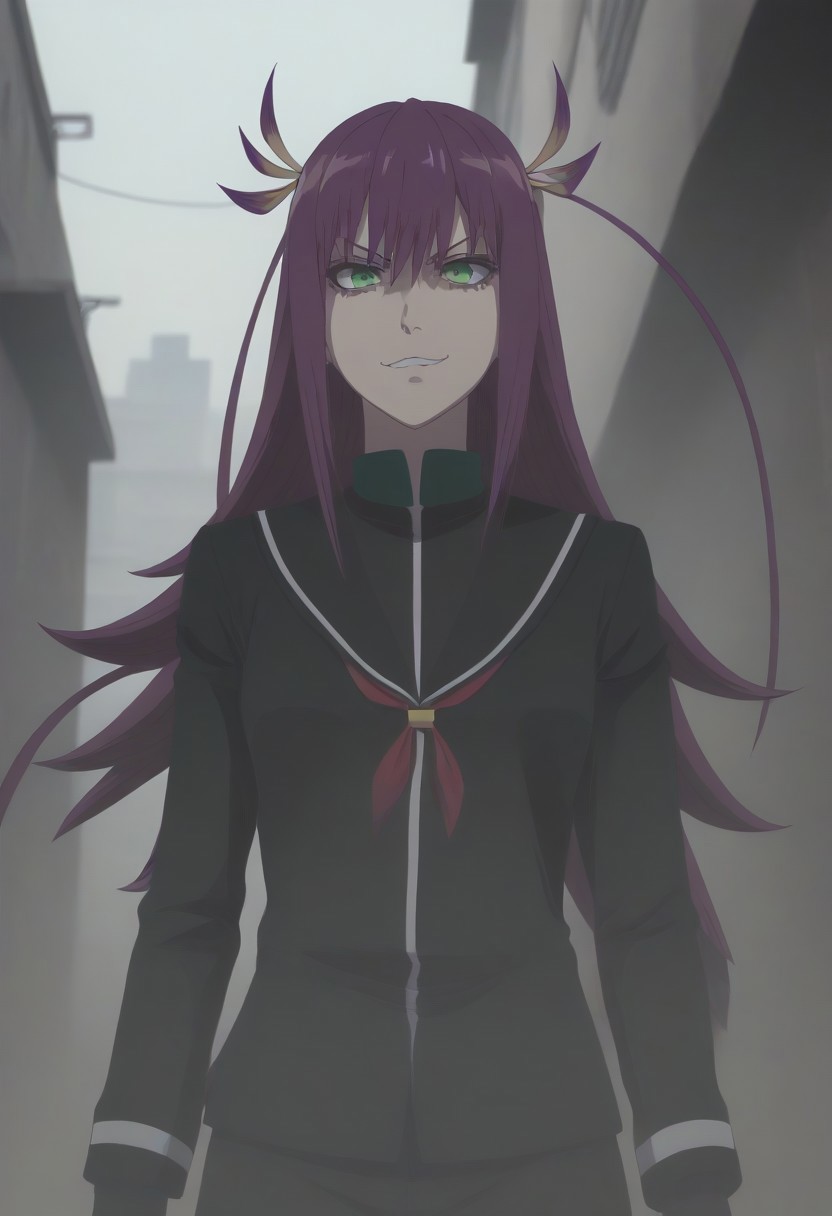 <lora:SlimesKanonIsui:1>, slimes_kanonisui, woman, solo, green eyes, alley background, evil smirk