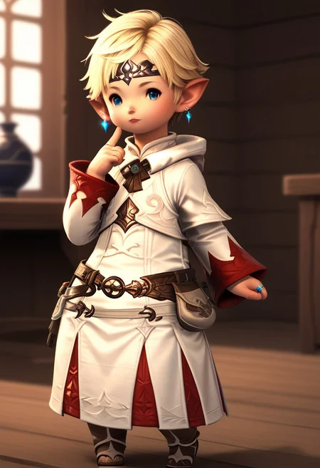 lalatater, monocle, solo, lalafell, pointy ears, jewelry, blue eyes, ring, earrings, belt, standing, short hair, full body, looking at viewer, blonde hair, depth of field, indoors, long sleeves, hand up, 1boy, healer attire, white mage, male focus, chibi, puntable BREAK PonyXLV6_Scores