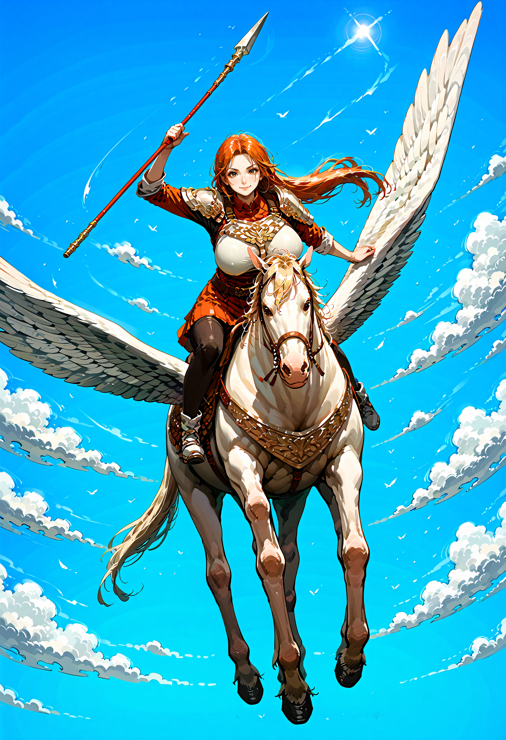 score_9,score_8_up,score_7_up,extreme detailed,full_body,zPDXL3 BREAK sky,flying,1girl,huge breasts,<lora:Pony_DetailV2.0:1>,
pegasus knight,horse,horseback riding,pegasus,long hair,shoulder armor,breastplate,pegasus knight uniform \(fire emblem\),<lora:pegasus knight-v3-pony:0.7>, polearm,holding weapon,smile,closed mouth,