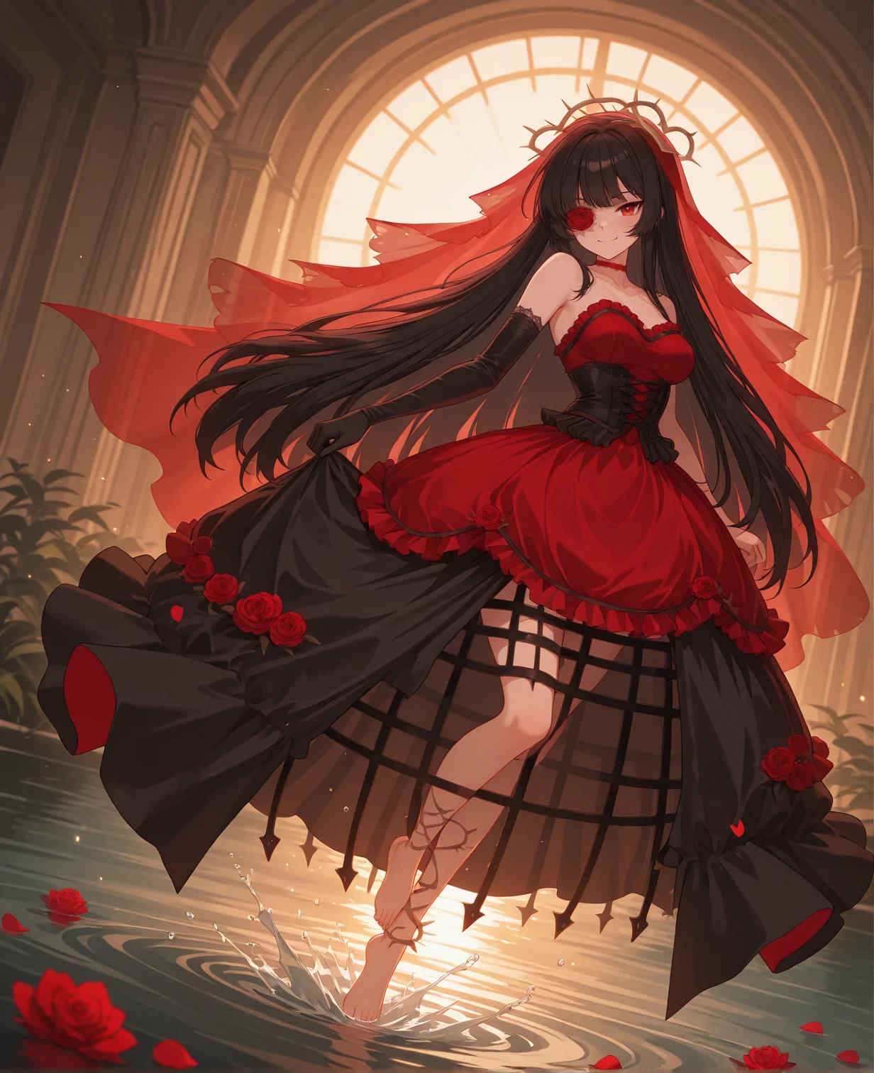 ((ultra-HD, intricate textures, luminous lighting, cinematic ambiance, shimmering gradients, ethereal glow, deep contrast, soft volumetric fog, subtle particles, radiant reflections, rich color tones, seductive atmosphere, captivating sensuality, Cinematic Lighting,Shadow,backlit, backlighting)), udr, 8k, uhd,
<lora:sk-rosadame_evelyn-v1x1-10:0.7> sk-revelyn, 1girl, black hair, red eyes, red choker, crown_of_thorns, flower over eye, red bridal_veil, torn veil, see-through bridal veil
, black corset_dress, (red short_dress), ((black) high-low skirt), ((crinoline) (under clothes)), black elbow gloves, single glove, bare shoulders, petal_dress
, dutch angle, smile, holding dress, full body, splashing, lake, partially submerged, kicking, happy, smile, barefoot,