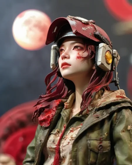 resin material style, close up, female character, Head-mounted searchlight, Stains after the disaster, details of torn clothes, dark red moon background, fantasy, high level of detail, <lora:è¶ä½¬V1:0.7>