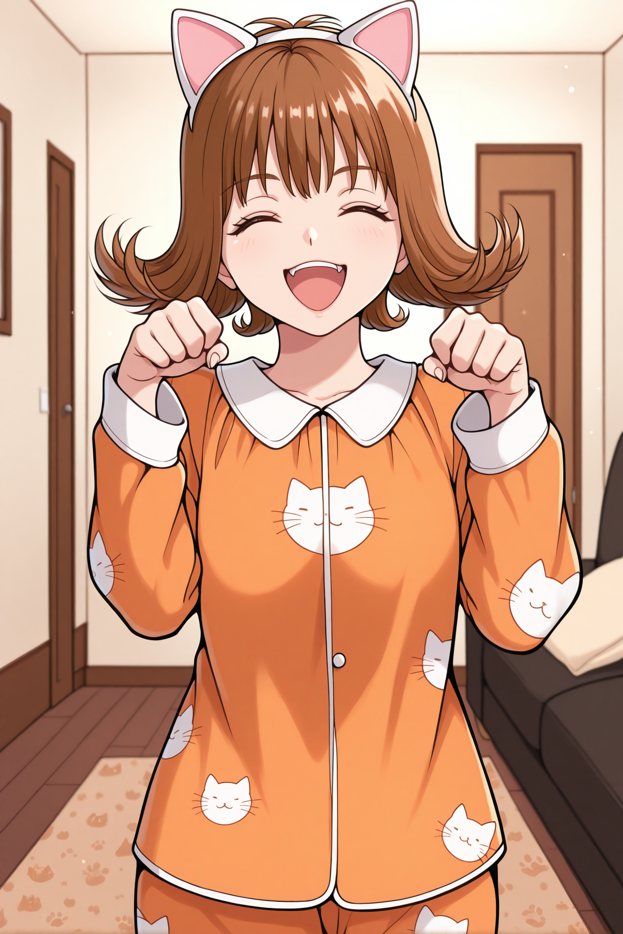 masterpiece, best quality, 1girl, solo <lora:ffselphie-illu-nvwls-v1-000006:1> ff8sphe, brown hair, flipped hair, short hair, fake cat ears, cat print pajamas, paw pose, closed eyes, happy, open mouth, facing viewer, living room