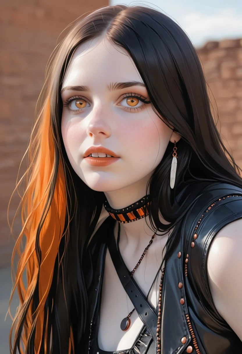 Masterpiece, artistic, focus on copper wedding-ring, realism style, realist, photorealism, very detailed skin, knee-up angle shot.
BREAK
girl,goth girl, (CopperCharater:1.6), protruding teeth:1.3,human, protruding ears:1.3, human ears, long straight hair, black hair, orange dyed dip, hazel eyes:1.3,  white pale skin, copper jewelry, black clothes, [[chubby]], micro-short, micro top, aviator jacket, /(flat chest:1.3, narrow shoulders, fat ass, thick thighs:1.4, thin waist:1.2, wide hips:1.5/) , goth Native American clothes:1.1.