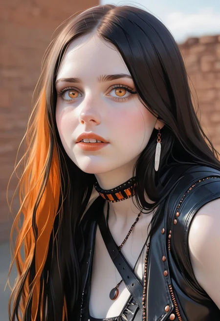 Masterpiece, artistic, focus on copper wedding-ring, realism style, realist, photorealism, very detailed skin, knee-up angle shot.
BREAK
girl,goth girl, (CopperCharater:1.6), protruding teeth:1.3,human, protruding ears:1.3, human ears, long straight hair, black hair, orange dyed dip, hazel eyes:1.3,  white pale skin, copper jewelry, black clothes, [[chubby]], micro-short, micro top, aviator jacket, /(flat chest:1.3, narrow shoulders, fat ass, thick thighs:1.4, thin waist:1.2, wide hips:1.5/) , goth Native American clothes:1.1.