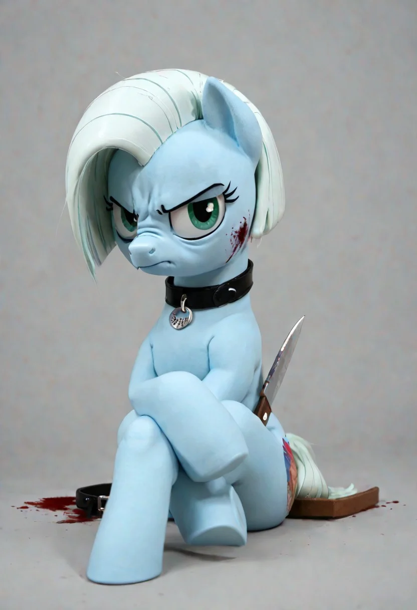 score_9, score_8_up, toony, Tracy Cage, mlp, pony, cyan fur, green eyes, white hair, short hair, collar, holding knife, knife, collar, crossed legs, sitting, bloody background, serious, angry, tsundere
