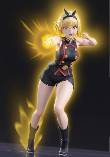 masterpiece,best quality,amazing quality,
1girl,<lora:matochara:0.8>,suruga shushu,blonde hair,green eyes,hairband,yellow aura,punching,open mouth,military uniform,full body,fighting,shorts,bare shoulders,
<lora:FFFigure_Style:1>,fffigure,3d,
