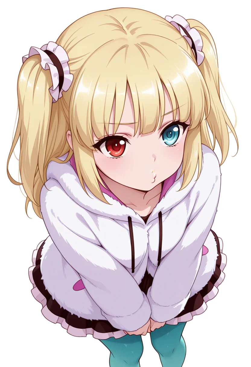 Smooth Quality,masterpiece,very intricate, high quality details, ultra realistic, high detailed skin,detailed enviorement,absurdres,
v arms,
 <lora:Kobato_Hasegawa_CNR:0.8> kobato_cnr, hasegawa kobato, 1girl, blonde hair, two side up, heterochromia, red eyes, blue eyes,, simple background, white background, from above,solo,, o3o,, hoodie ,fur coat,frilled skirt,,aqua pantyhose,