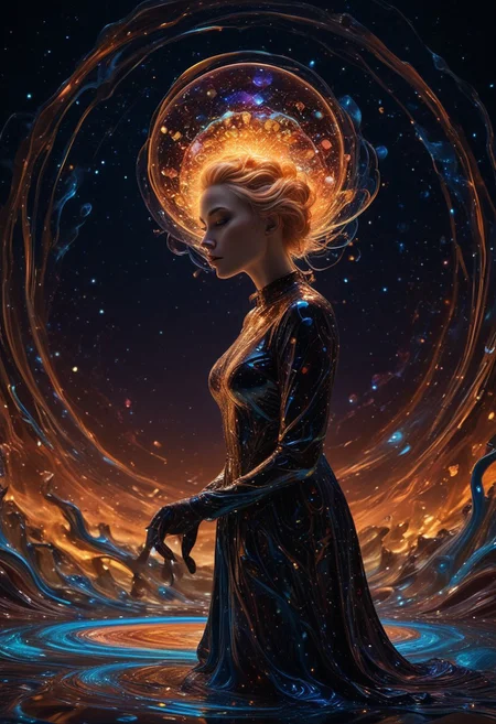 t-shirt, night, blonde hair, girl , RAW, photo, source_photo, highly quality, 8k, she stand at a small stage floor, overlooking an infinite cosmic rave., BREAK, The floating alien island beneath the stage is dotted with glowing star crystals that shimmer in different colors. Her eyes look contemplative as she sips a vibrant cosmic drink, colorful liquid matching her luminous jewelry. The view of stars and swirling galaxies and light trails in the background gives a dreamy feel to this moment. BREAK, glow circuit patterns, style of Light painting, eye focus, gloves, glowing eyes,blacklight makeup, black light paint, blp, made out of,colorful,liquid,Murano Art Glass