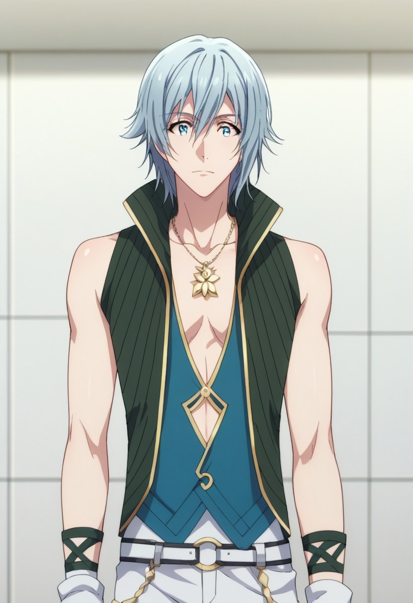 score_9, score_8_up, score_7_up, source_anime, highly detailed, 
tamaki, 1boy, male focus, gloves, blue eyes, fingerless gloves, jewelry, blue hair, necklace, pants, white gloves,
sleeveless, idol uniform, upper body,
indoor, stage