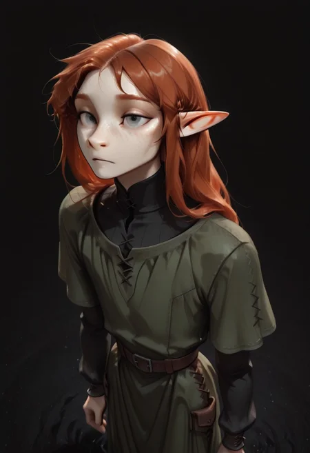 1person, (Lapanya), Malgha, freckles, 2 strands of hair sticking up, pointy ears, Long-sleeve black shirt, green tunic,
high angle, looking around, floating, wrleightless,
Black background, void background, empty space background,
Source: semi-realistic