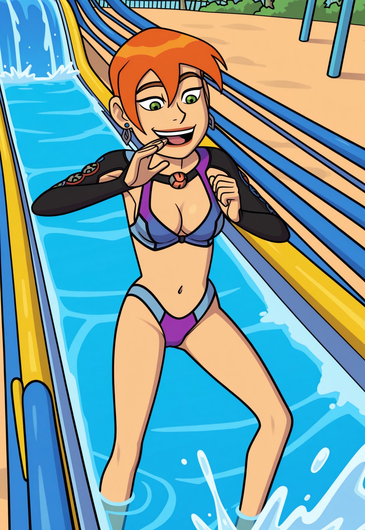 SulSum Style, perfect anatomy, 1boy, Future Inc Gwen, Future Inc SwimSuit, Water Park, Water slide, laughing 