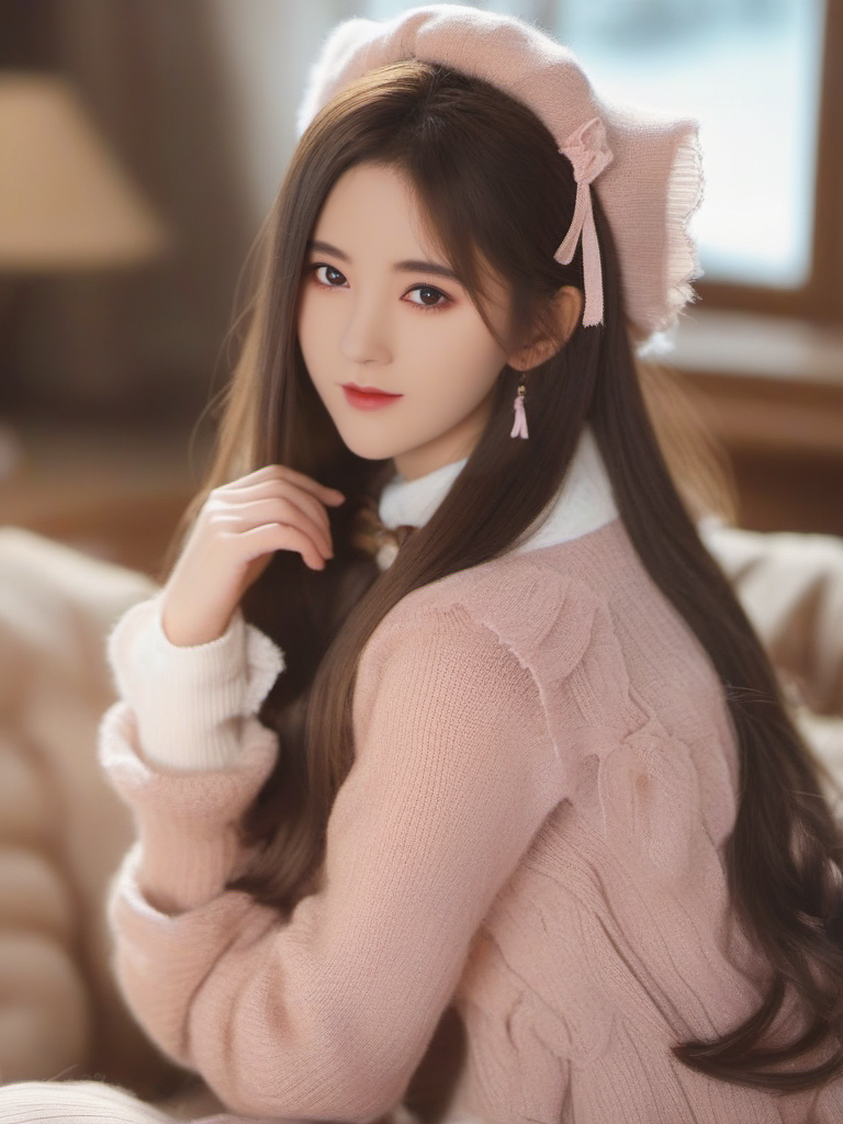 masterpiece, best quality, girl, long hair, looking at viewer, brown cardigan , frilled socks, hair_bow, bowtie, in winter, blush, sweater dress, ,<lora:sl_btf:1>